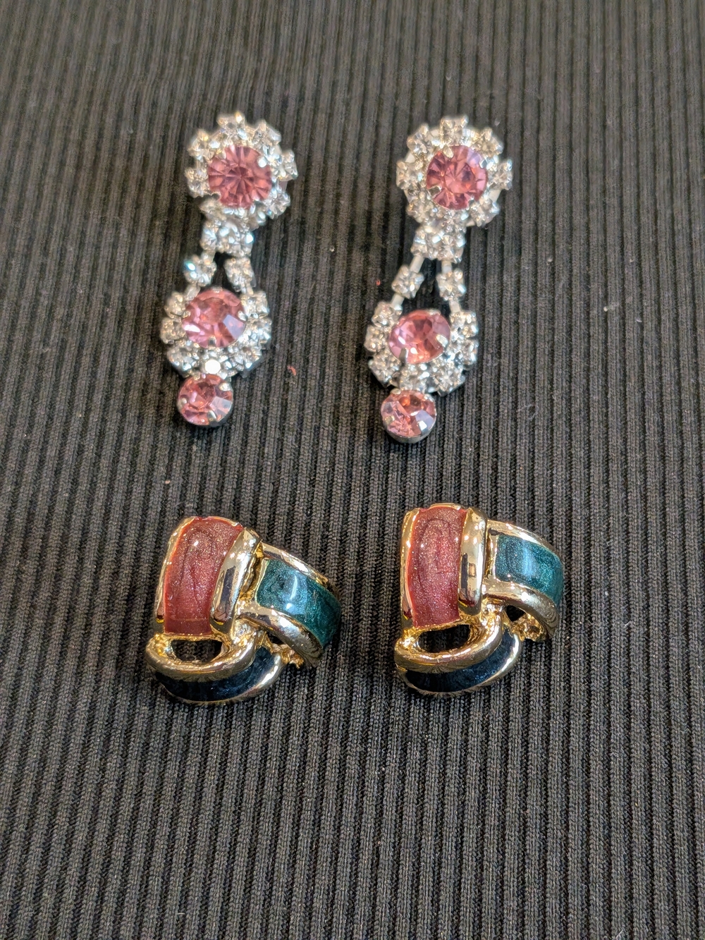 B#4:  Pink Crystal Drop Earrings and Multicolor Enamel  Earrings